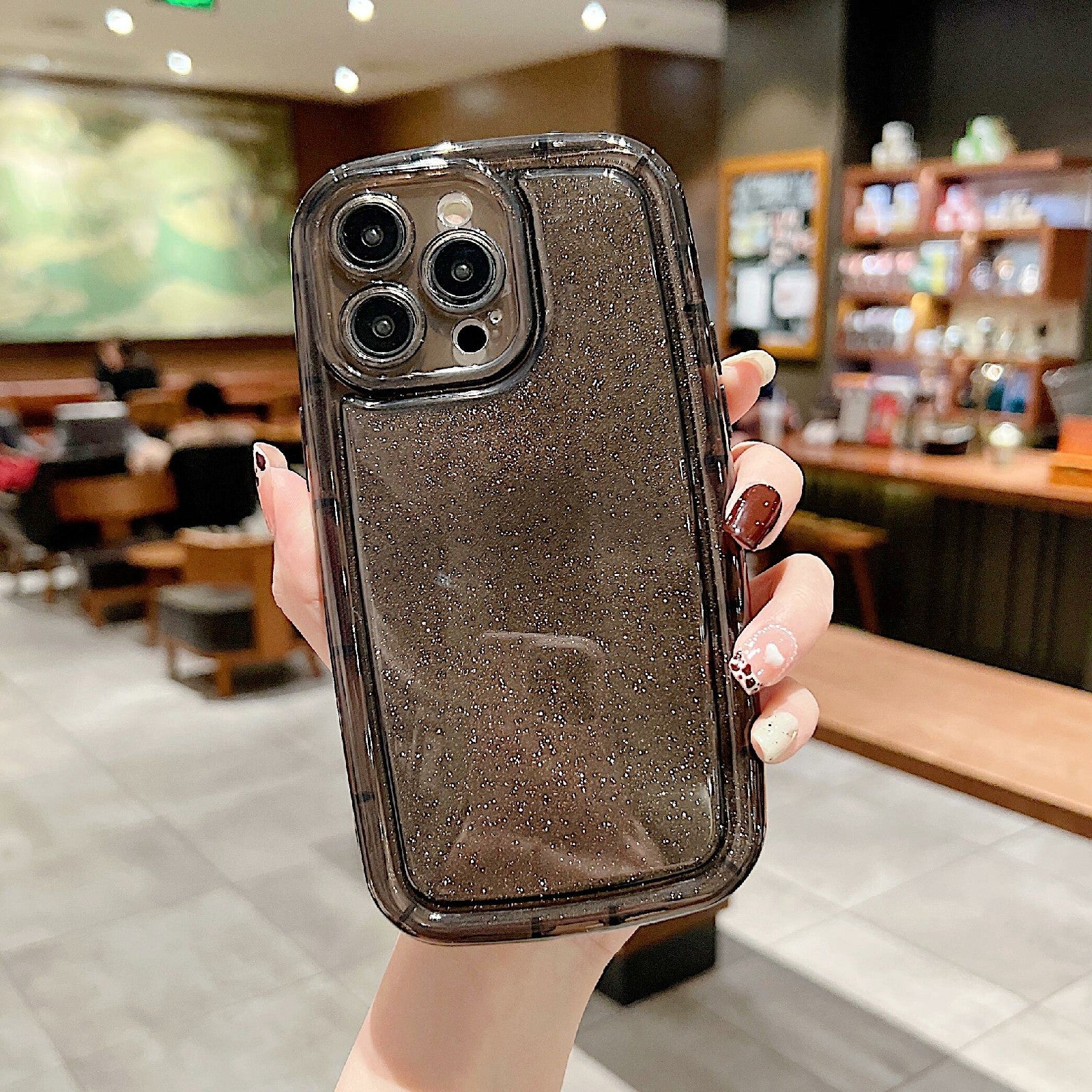 For iPhone 14 Pro Max Shockproof Airbag Transparent TPU Phone Case with Glittery Powder Paper - Brown For iPhone 14 Pro Max Shockproof Airbag Transparent TPU Phone Case with Glittery Powder Paper - Brown
